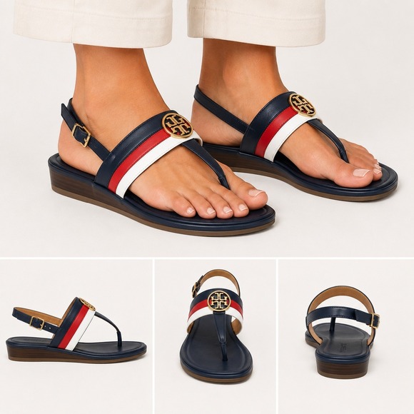 Tommy Hilfiger Shoes - Tommy Hilfiger Jesi Navy Blue Red White Logo‎ Thong Slingback Wedge Sandals 8M